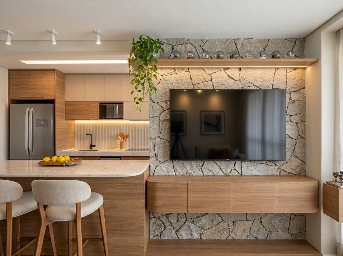 Sala de estar de apartamento projetado por Ana Malaquias